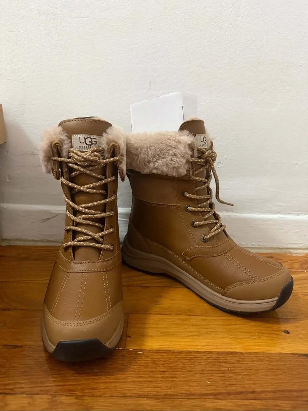 UGG Women's Tan Waterproof Fur-Collar Lace-Up Winter Boots